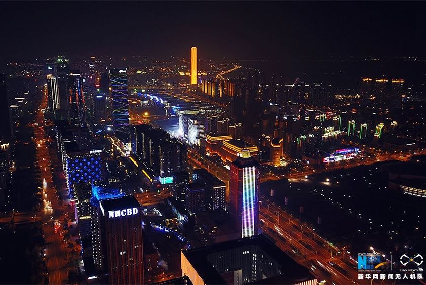 航拍南京河西CBD夜景亮化美轮美奂